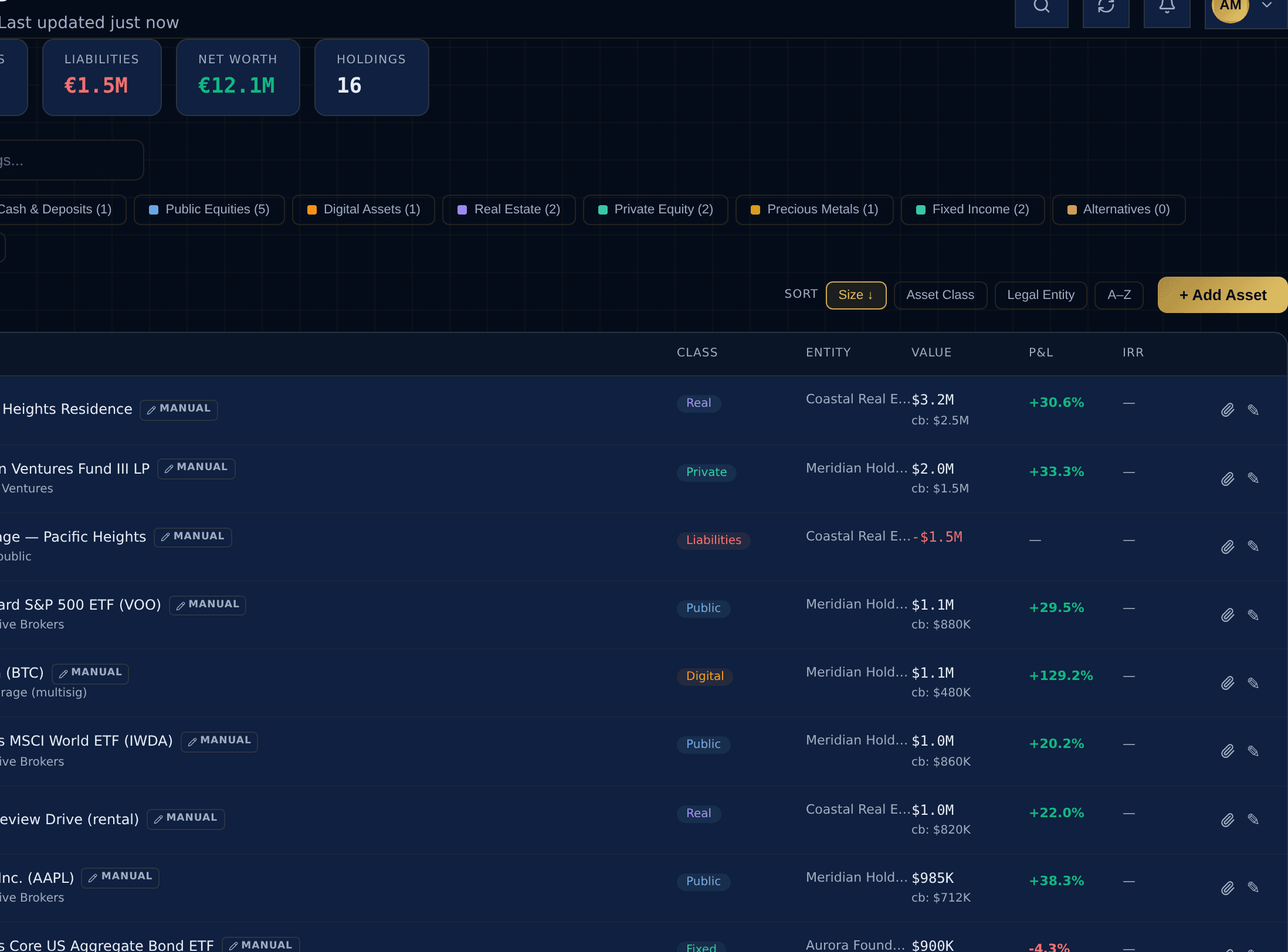 The consolidated portfolio - 16 holdings across every asset class with live values and gains, each linked to its owning legal entity